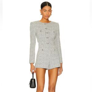 Alice + Olivia Shiloh Btnfrnt Ptch Pock Rompr in Black Off White tweed Revolve